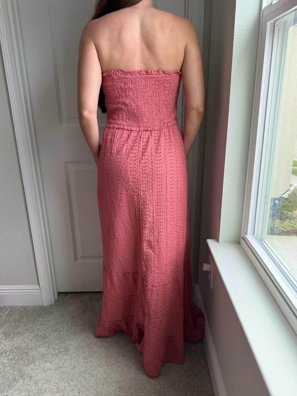 JESSICA SIMPSON Strapless Smocked Maxi Dress in Dusty Rose